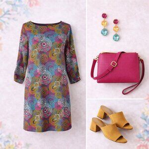 ❤️ Soybu Floral Knit Athleisure Dress Multicolor 3/4 Ruched Sleeves Size M